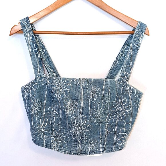NWT House of Harlow 1960 | Floral Embroidered Denim Corset Top Blue | Size Small - Picture 4 of 11